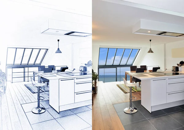 Blauwdruk van een moderne open keuken in het gerenoveerde huis en resultaat — Stockfoto