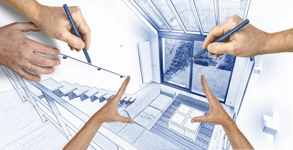 Digital Blue print Artwork of a Modern living room and hands from – stockfoto