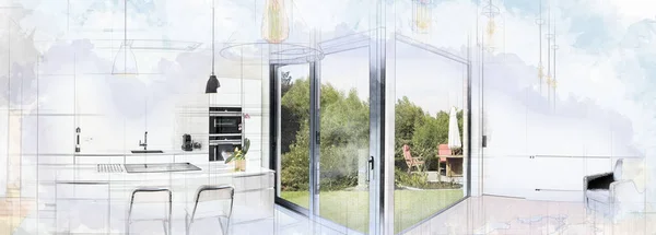 Digitales Kunstwerk einer offenen modernen Küche vom Dachboden — Stockfoto