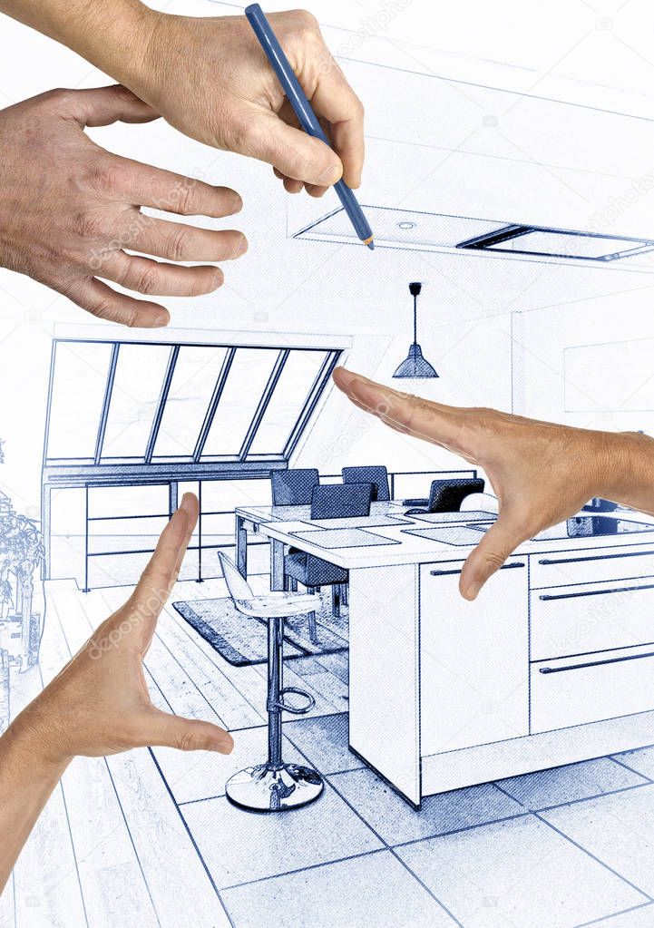 Digital Blue print Artwork of a Modern open kitchen and Hands fr