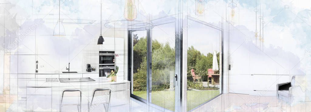 Digital Artwork of a Open modern kitchen from loft