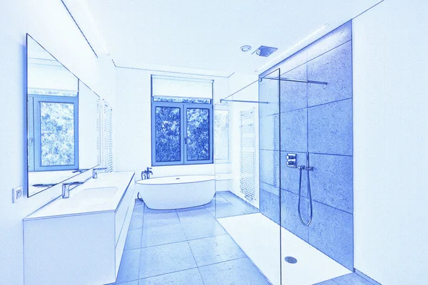 Corian, 수도 꼭지, 타일된 바에 샤워 욕조의 청사진 — 스톡 사진