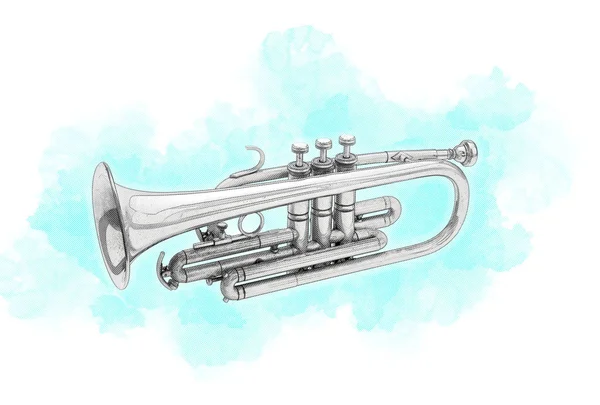Ilustração de arte digital de um trompete de prata — Fotografia de Stock