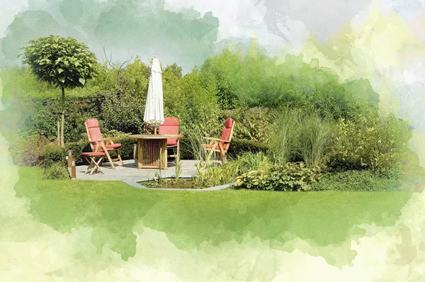 Mesa de comedor con sillas y sombrilla en un exuberante jardín —  Fotos de Stock