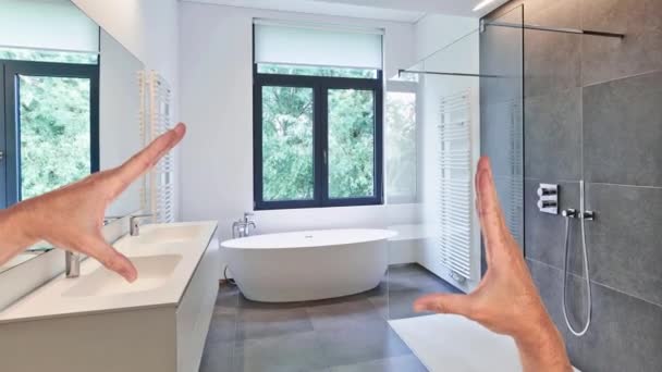 Tervezett felújítása egy modern luxusfürdőszoba, corian, csaptelep és zuhany a kert felé windows csempézett fürdőszoba káddal