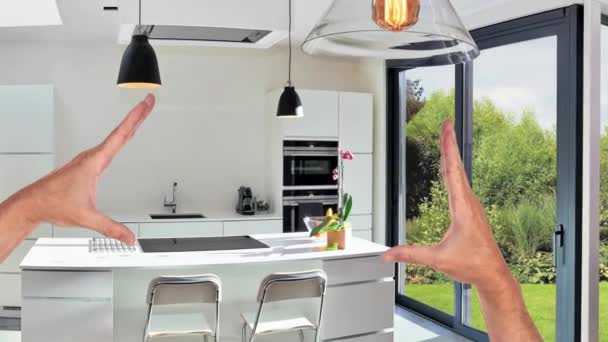 Planned Renovation Open Modern Kitchen Loft View Lush Garden — Stock Video