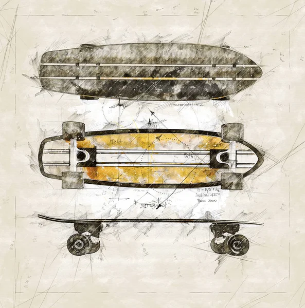 Иллюстрационный эскиз проекта по реализации деревянного скейтборда — стоковое фото