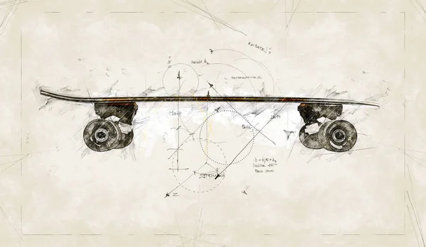 Иллюстрационный эскиз проекта по реализации деревянного скейтборда — стоковое фото