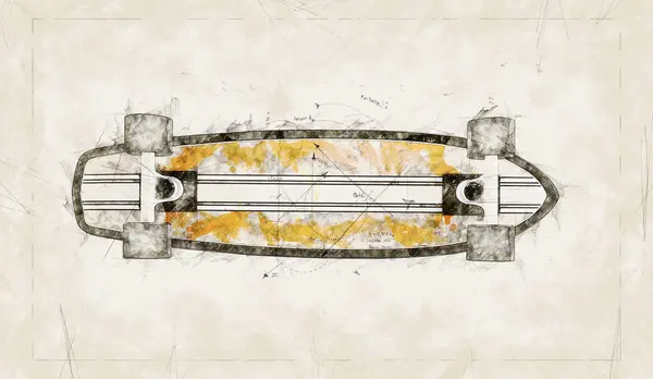 Illustratie schets van een project om een houten skateboard te realiseren — Stockfoto