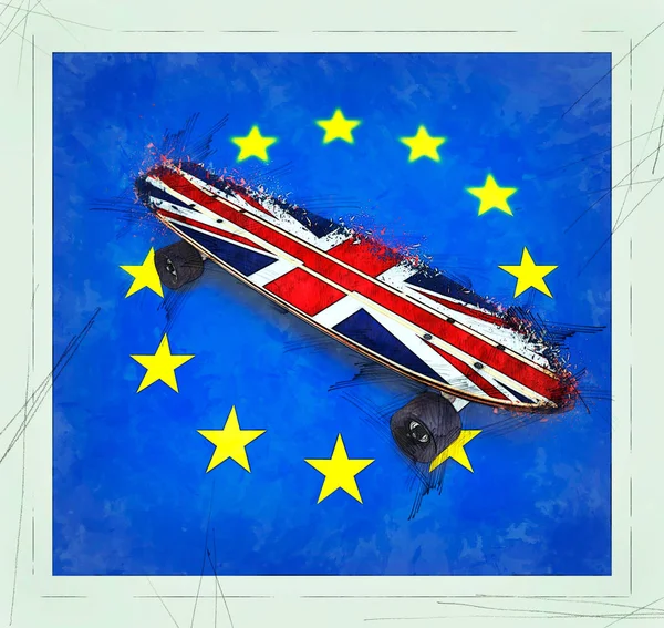 Planche à roulettes en bois avec le drapeau britannique sur le drapeau européen . — Photo