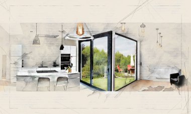 Yemyeşil bir bahçe manzaralı çatı üzerinden modern mutfak