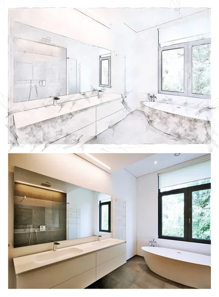 Sketch and result of a Bathtub in corian, Faucet and shower — Stockfoto