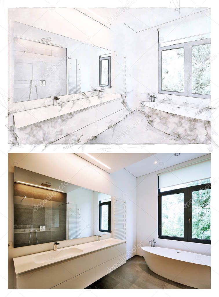 sketch and result of a Bathtub in corian, Faucet and shower