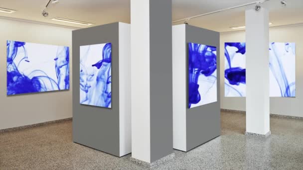 Ausstellungsgalerie Wandkunst Mit Museumsbeleuchtung Blaue Abstrakte Emulsionskunst Auf Rahmen — Stockvideo