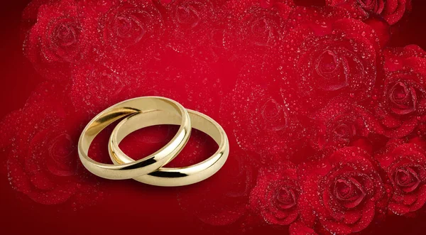 Anillos de boda dorados en rosas rojas románticas con gotas de agua — Foto de Stock