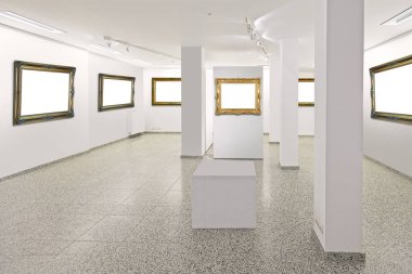 Sergi galerisi ve altın klasik çerçeve, müze tarzı ışıklandırmalı duvara monte edilmiş sanat.