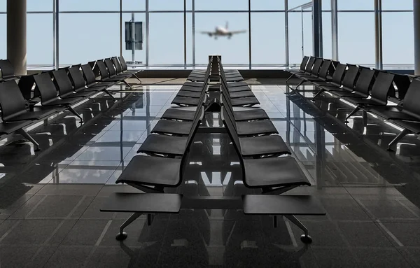 Linhas Cadeiras Pretas Aeroporto Pouso Avião Caminho Para Todas Janelas — Fotografia de Stock