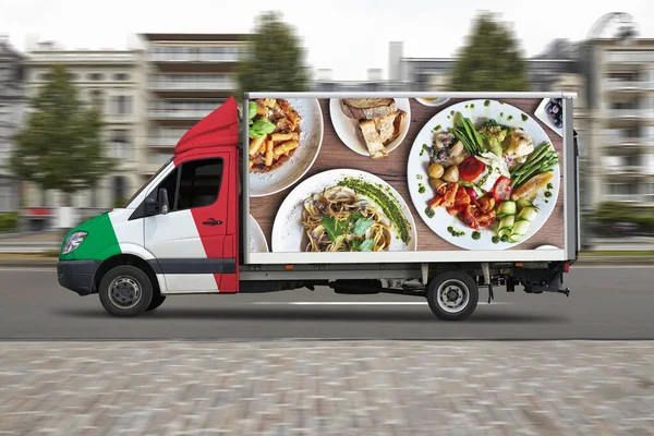 Italian delivery truck in motion on city street road.