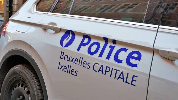 Brüssel Belgien April 2020 Detail Der Seite Eines Polizeiwagens Der — Stockfoto