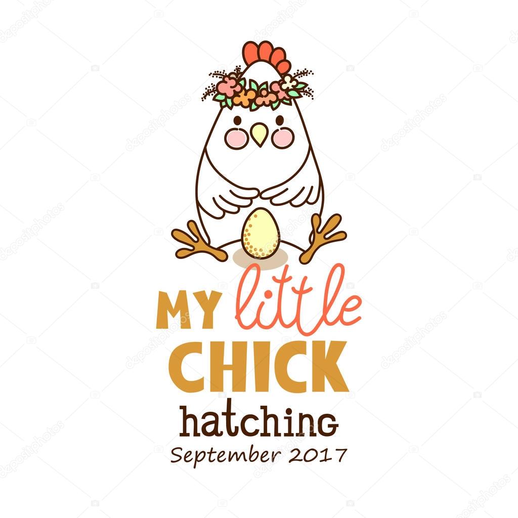 Pregnancy Celebration Card. Cute chicken with egg - drawing with text