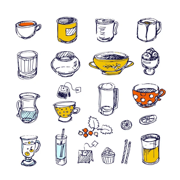 Pratos desenhados à mão e elementos de tempo de chá —  Vetores de Stock