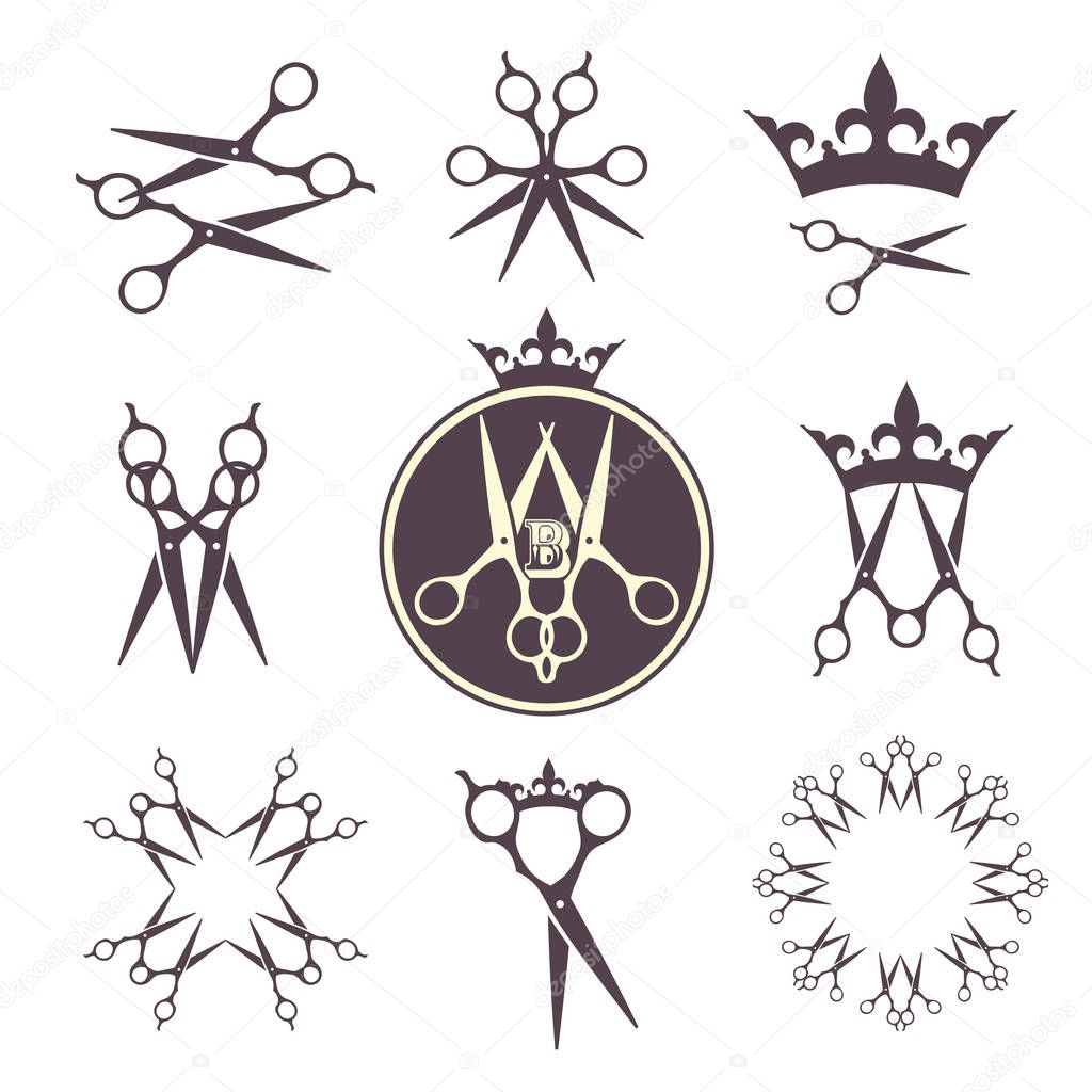 Scissors. Set of Design Elements in Vintage Style for Logotype, Label, Badge and other design