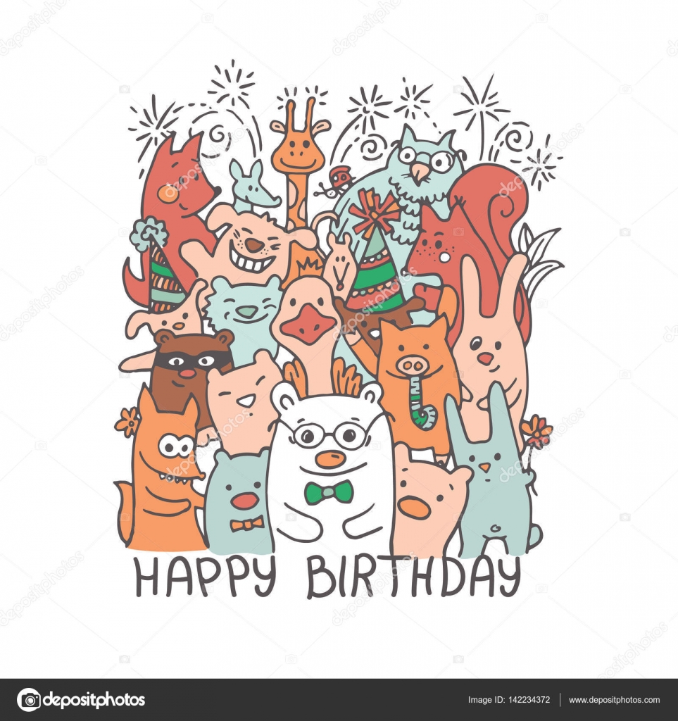 Disegno del gruppo di amici allegri animali design per la cartolina d auguri o un anniversario poster banner a mano libera — Vettoriali di Nevada31