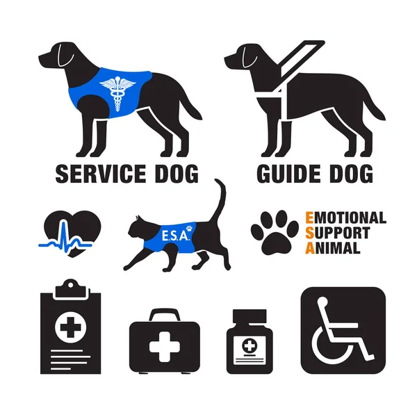 Perros de servicio y animales de apoyo emocional emblemas — Vector de stock