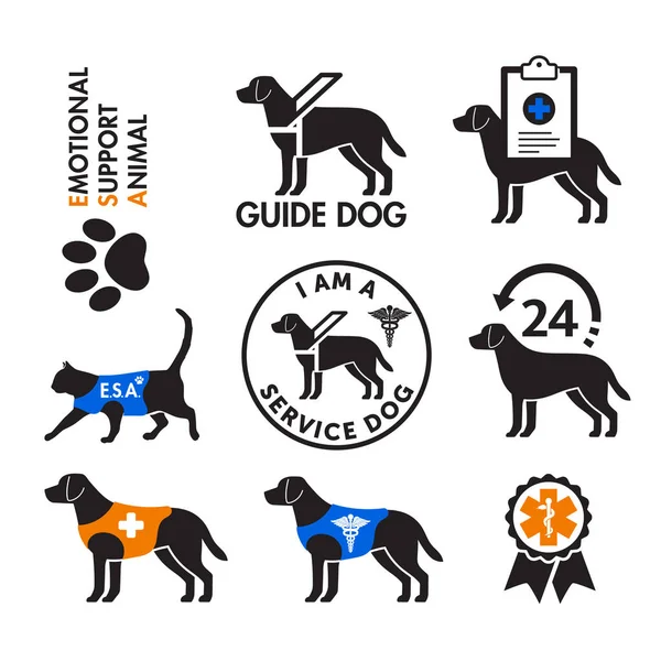 Geleidehonden en emotionele steun dieren emblemen — Stockvector
