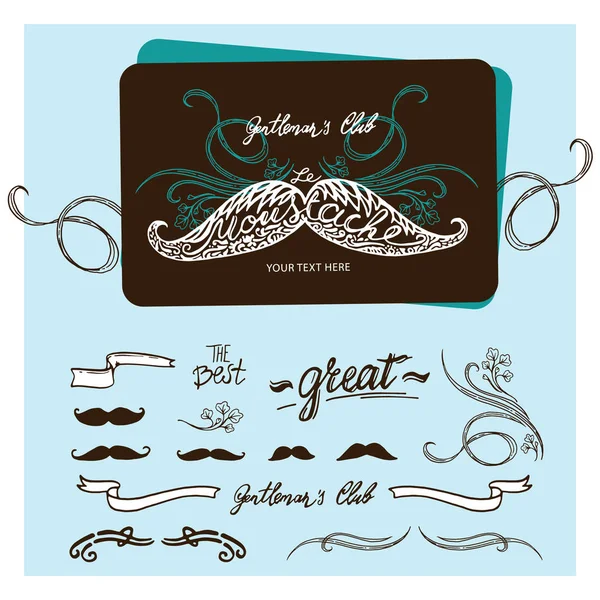 Mustache dibujado a mano con letras y viñetas — Vector de stock