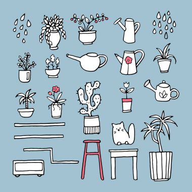 El çekilmiş houseplants ve çiçekler