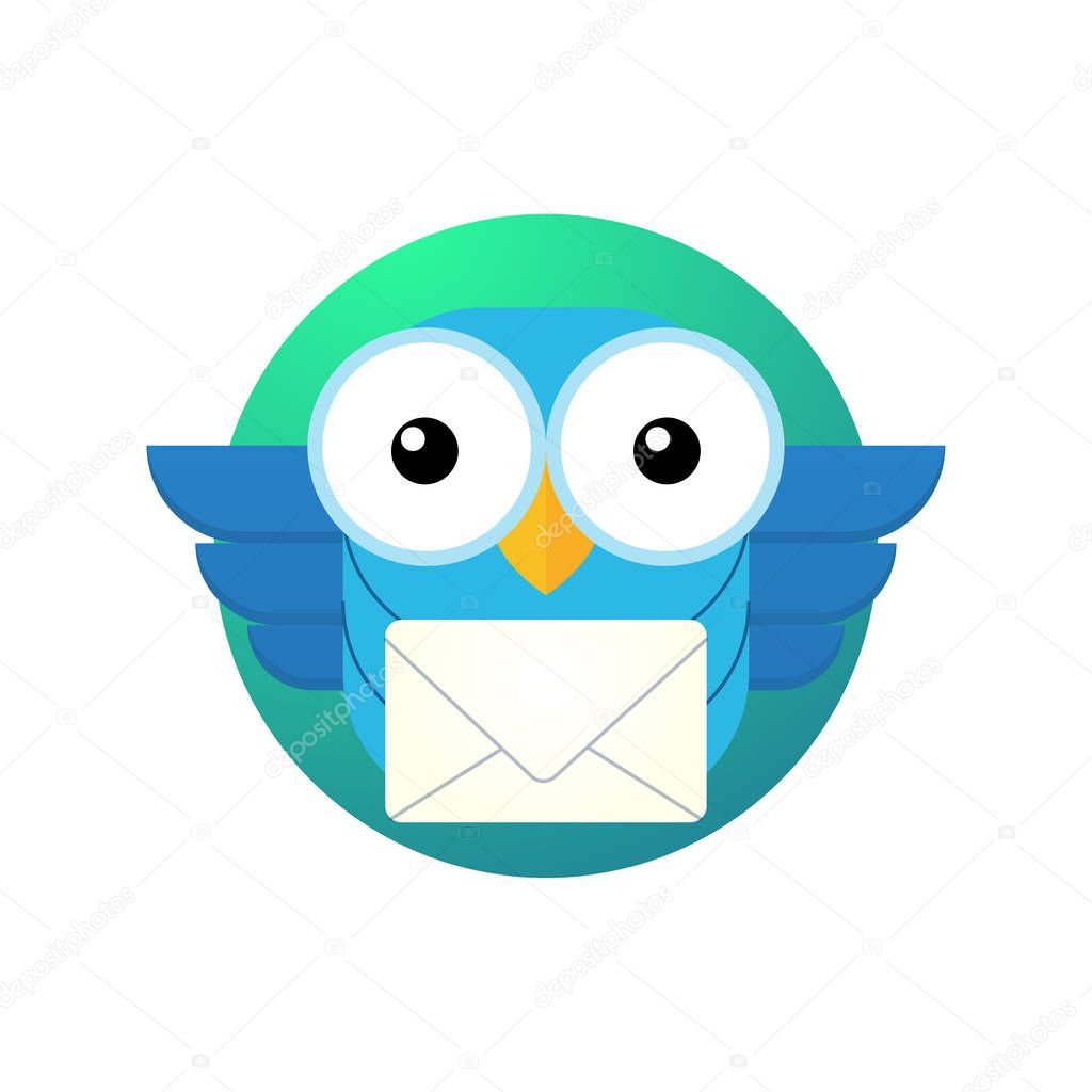 Vector stylized illustration of flying owl with a letter, cartoon owl character good for a logo or an icon