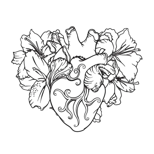 Coeur avec des lis blancs dans un style romantique. Concept Blooming Heart . — Image vectorielle