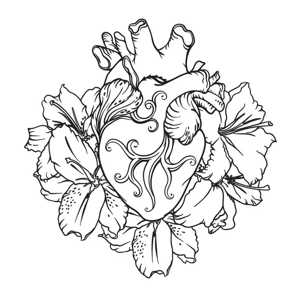 Corazón con lirios blancos en estilo romántico. Concepto de corazón floreciente . — Archivo Imágenes Vectoriales