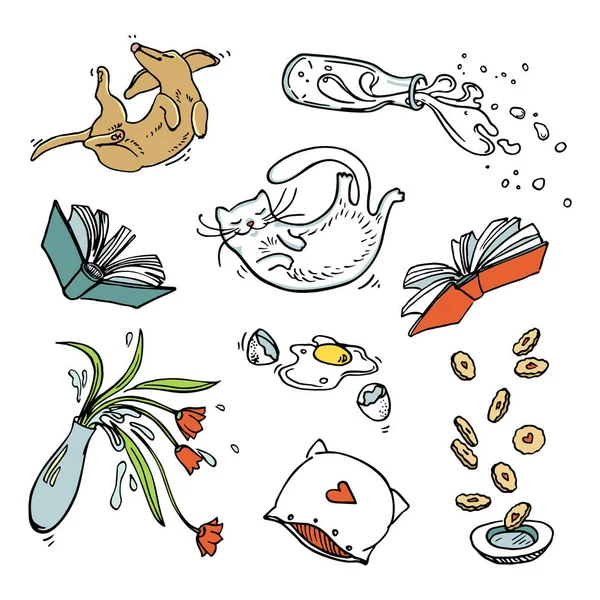 Set of flying home related objects, pets and food. — Stock Vector