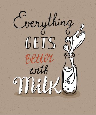 Hand-drawn image of milk bottle with milk splashes. Handwritten text - Everything is better with Milk. clipart