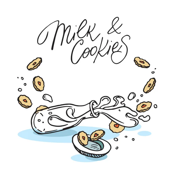 Obraz převrácený mléko láhev a soubory cookie. Ruční písmo - mléko a soubory cookie. — Stockový vektor