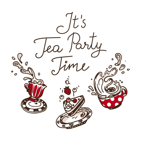 Het is de tijd van de Tea Party. Set van drie hand getekende objecten — Stockvector