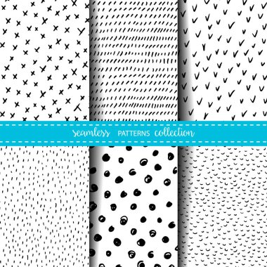 Set of six hand drawn ink seamless patterns clipart