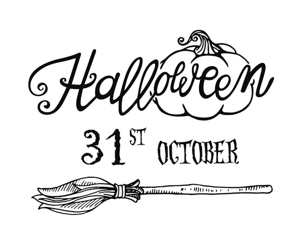 Halloween lettering with date and broom — Stock Vector