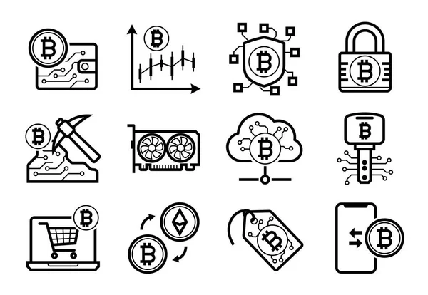 Siyah beyaz Bitcoin incelemesi Icons set