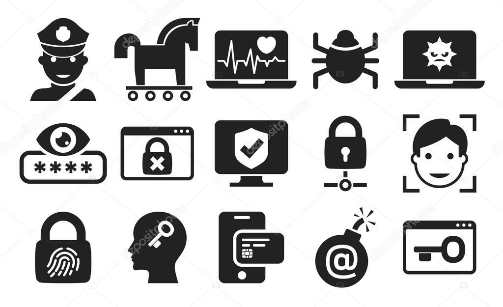 Cyber Security and threat icons set 03 in BW