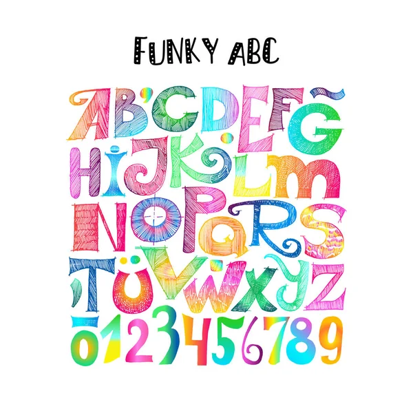 Funky Abc. Schetsmatig letters en cijfers — Stockvector
