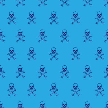 Dikişsiz desen korsan Jolly Roger mavi bir arka plan üzerinde bones