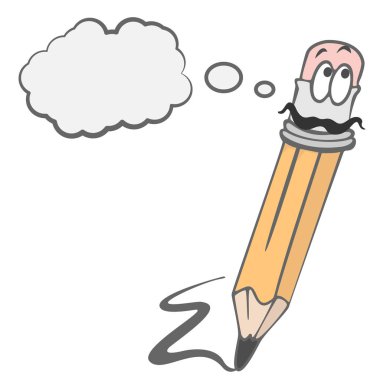 Çizim eğlenceli kalem silgi ve düşünen bıyıklı