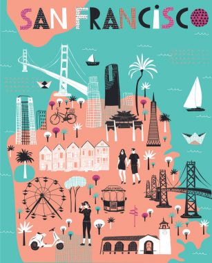 Çizgi film San Francisco haritası. California. Baskı tasarımı