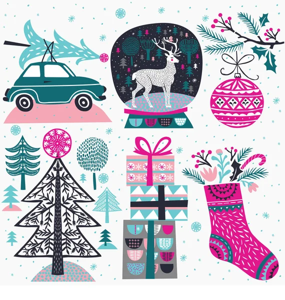 Set Von Winter Christmas Ikonen Elementen Und Illustrationen — Stockvektor