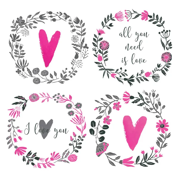 Set Van Vier Mooie Bloemenkransen Hou Van Belettering Perfect Voor Stockillustratie