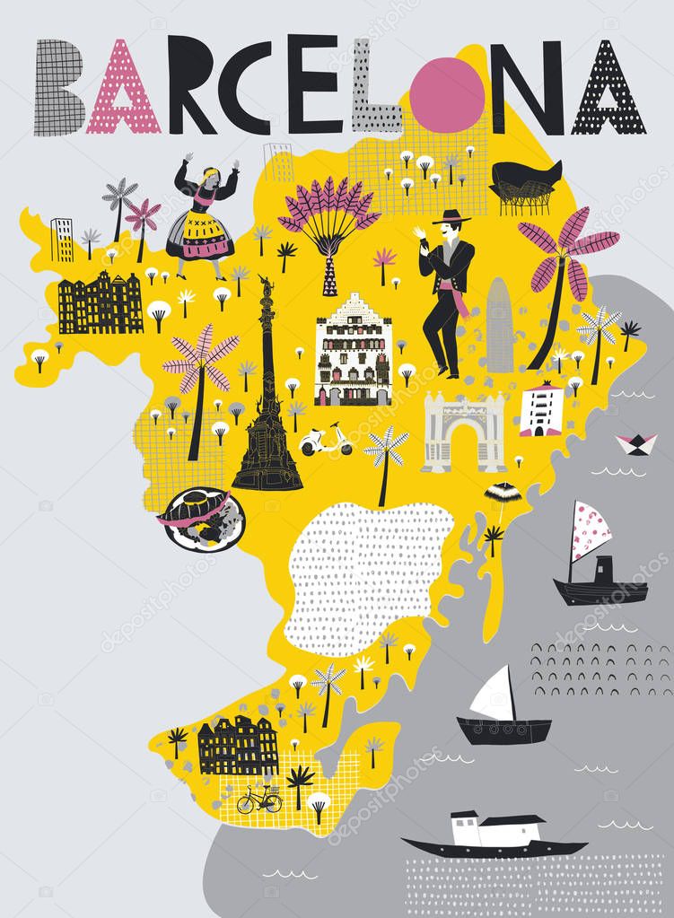 Cartoon Map of Barcelona. Spain. Print Design