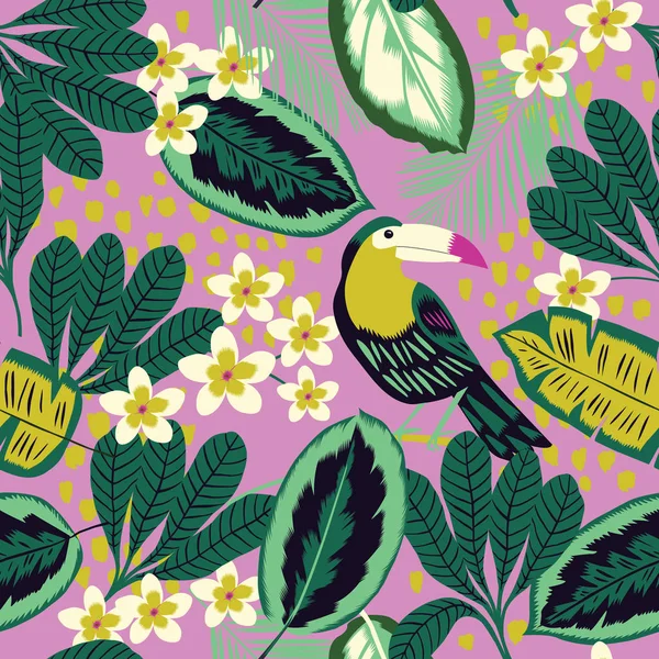 Tropische Bladeren Bloemen Toucan Bird Naadloze Patroon — Stockvector